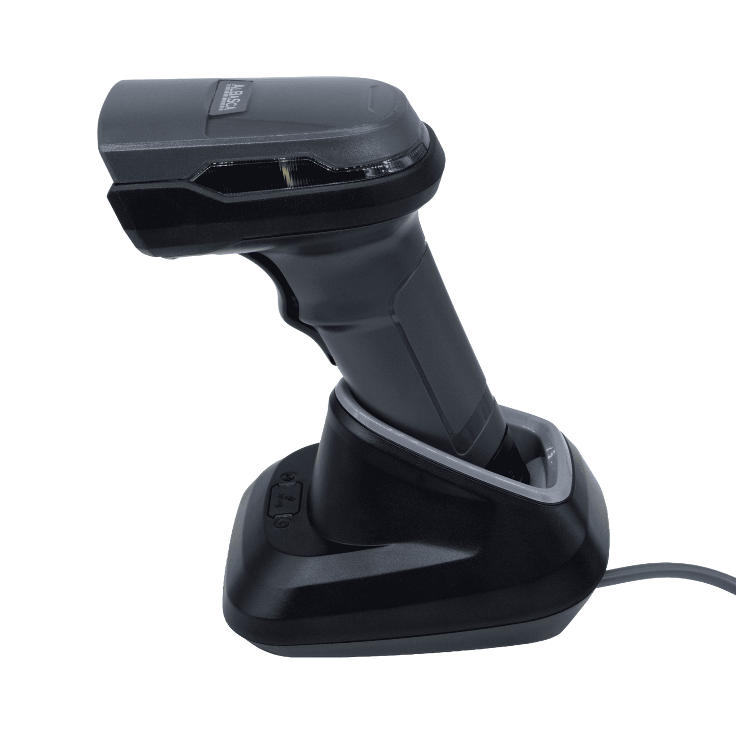 Der Albasca Ray Barcodescanner, eingesetzt in der zugehörigen Basis- und Ladestation, bereit für den professionellen Einsatz am Point of Sale.