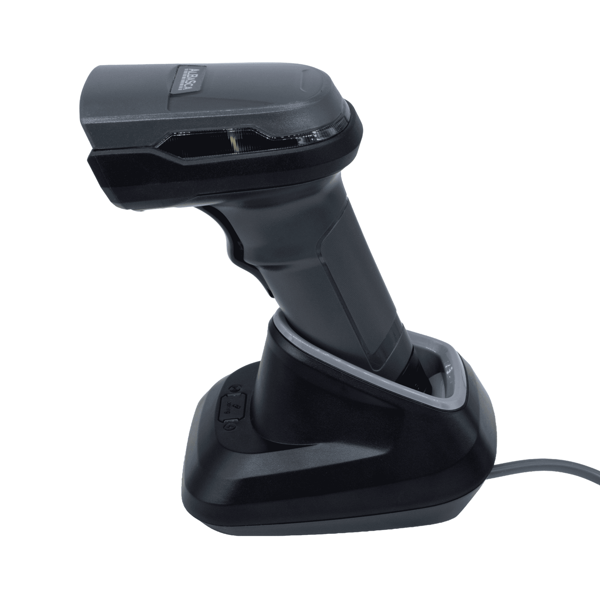 Der Albasca Ray Barcodescanner, eingesetzt in der zugehörigen Basis- und Ladestation, bereit für den professionellen Einsatz am Point of Sale.