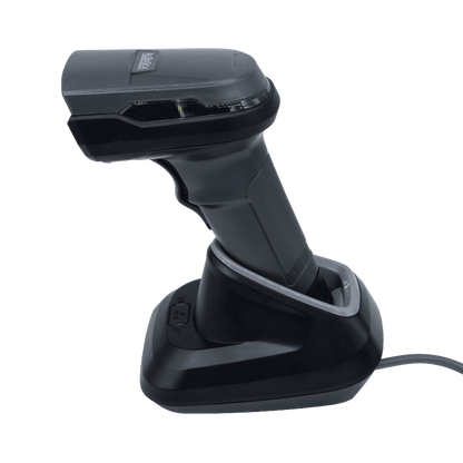 Der Albasca Ray Barcodescanner, eingesetzt in der zugehörigen Basis- und Ladestation, bereit für den professionellen Einsatz am Point of Sale.