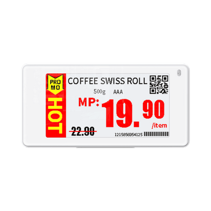 Breites Albasca Synchtag Preisschild mit rot-gelber Aktionsanzeige für coffee swiss rolls.