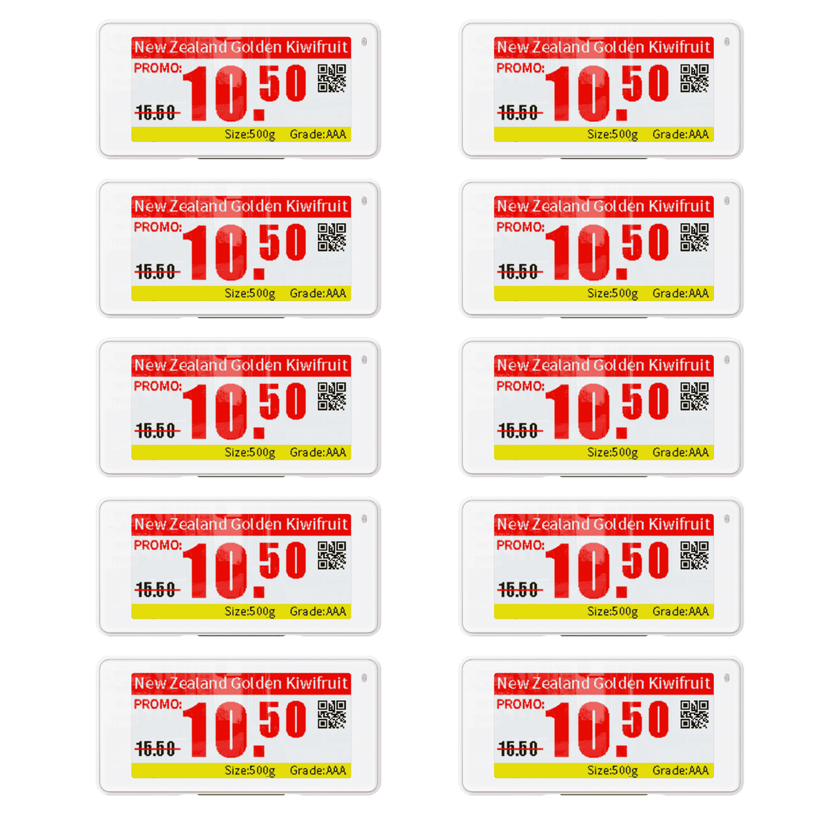 Zehn digitale Albasca Synchtag Preisschilder (2.13 Zoll) auf schwarzem Hintergrund. Jedes Etikett zeigt denselben roten Angebotspreis für Kiwis. Das Bild steht stellvertretend für das 20-teilige Starter-Set