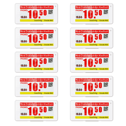 Zehn digitale Albasca Synchtag Preisschilder (2.13 Zoll) auf schwarzem Hintergrund. Jedes Etikett zeigt denselben roten Angebotspreis für Kiwis. Das Bild steht stellvertretend für das 20-teilige Starter-Set