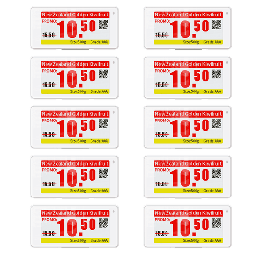 Zehn digitale Albasca Synchtag Preisschilder (2.13 Zoll) auf schwarzem Hintergrund. Jedes Etikett zeigt denselben roten Angebotspreis für Kiwis. Das Bild steht stellvertretend für das 20-teilige Starter-Set