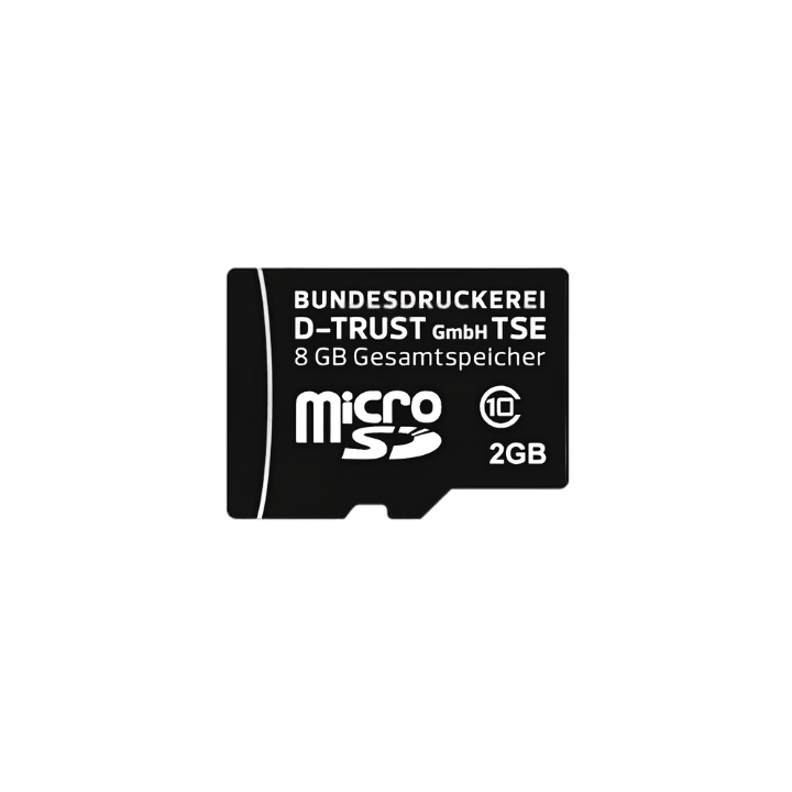 Eine schwarze microSD-Karte der Bundesdruckerei (D-TRUST GmbH TSE) auf transparentem Hintergrund. Auf der Karte sind in weißer Schrift die Marke, das MicroSD-Logo sowie die Speicherkapazitäten aufgedruckt.