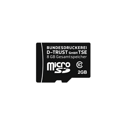 Eine schwarze microSD-Karte der Bundesdruckerei (D-TRUST GmbH TSE) auf transparentem Hintergrund. Auf der Karte sind in weißer Schrift die Marke, das MicroSD-Logo sowie die Speicherkapazitäten aufgedruckt.