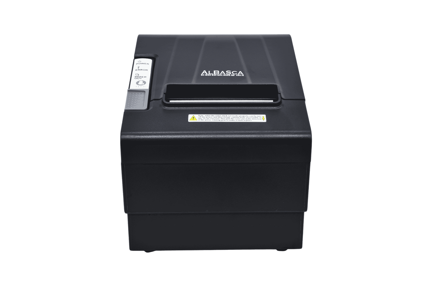 Ein schwarzer C80 Bondrucker in der Front- und Draufsicht auf transparentem Hintergrund. Auf der linken Seite befinden sich die Bedientasten und LED-Anzeigen für Power, Error und Paper Out.