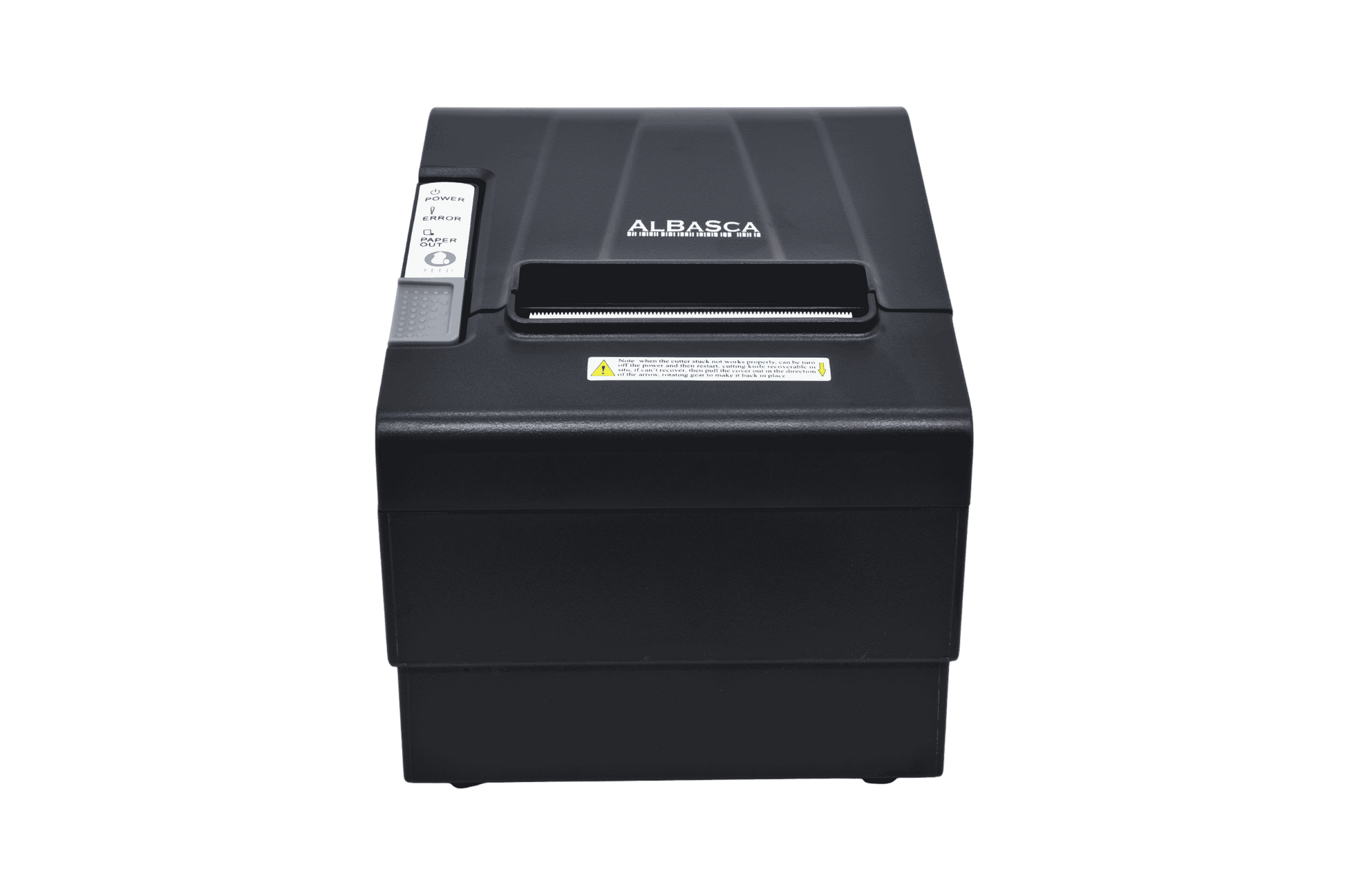 Ein schwarzer C80 Bondrucker in der Front- und Draufsicht auf transparentem Hintergrund. Auf der linken Seite befinden sich die Bedientasten und LED-Anzeigen für Power, Error und Paper Out.