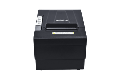 Ein schwarzer C80 Bondrucker in der Front- und Draufsicht auf transparentem Hintergrund. Auf der linken Seite befinden sich die Bedientasten und LED-Anzeigen für Power, Error und Paper Out.