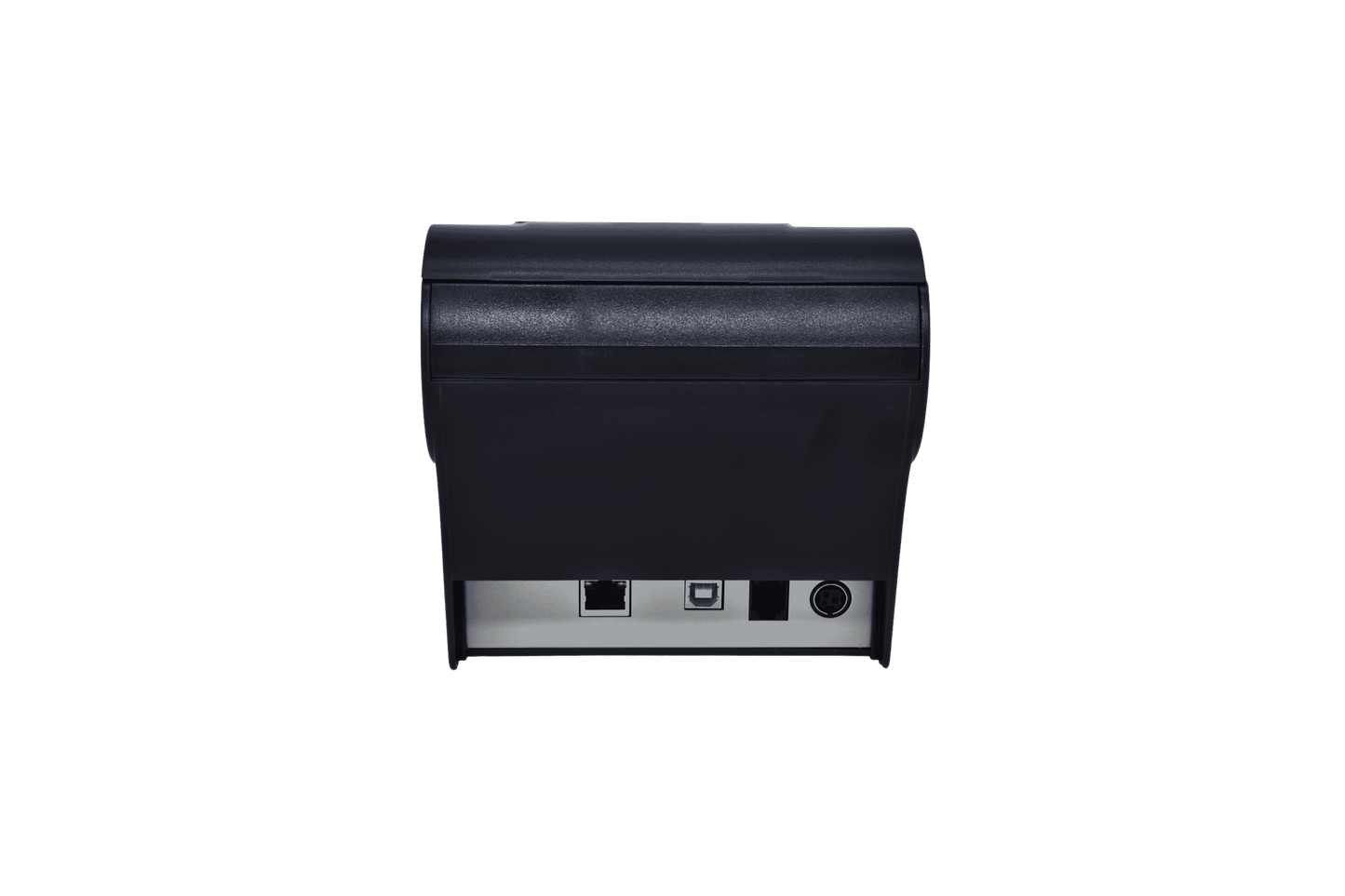 Ein schwarzer C80 Bondrucker in der Rückansicht auf transparentem Hintergrund. Im unteren Bereich sind die verschiedenen Anschlüsse für Netzwerk, USB, Kassenlade und Stromversorgung deutlich sichtbar.