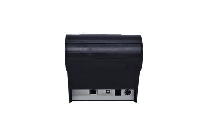 Ein schwarzer C80 Bondrucker in der Rückansicht auf transparentem Hintergrund. Im unteren Bereich sind die verschiedenen Anschlüsse für Netzwerk, USB, Kassenlade und Stromversorgung deutlich sichtbar.