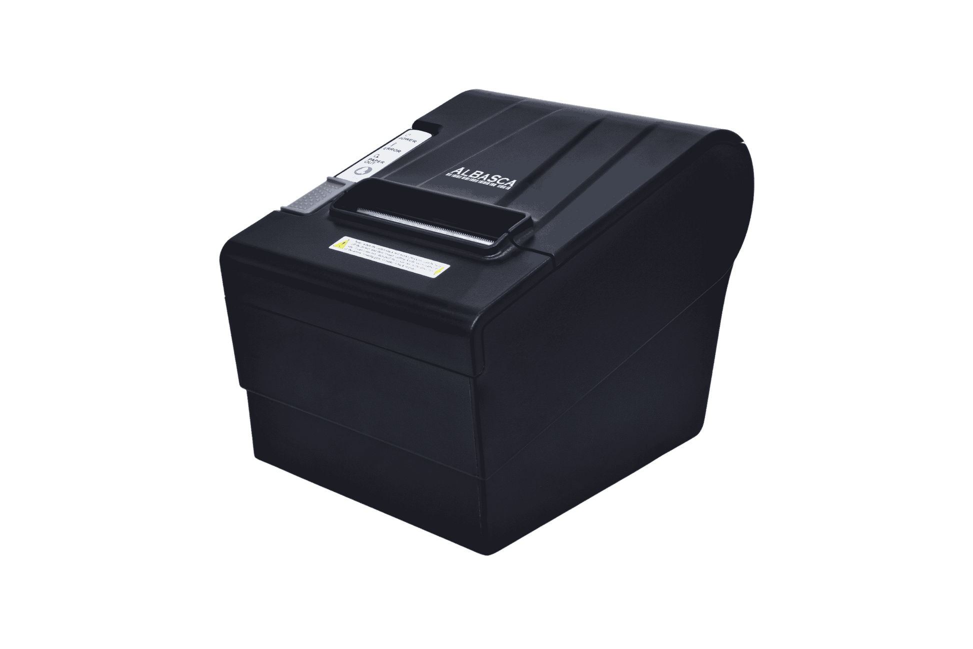 Ein schwarzer C80 Bondrucker in der schrägen Perspektivansicht von oben links auf transparentem Hintergrund.
