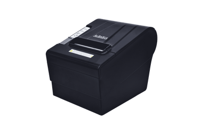 Ein schwarzer C80 Bondrucker in der schrägen Perspektivansicht von oben links auf transparentem Hintergrund.