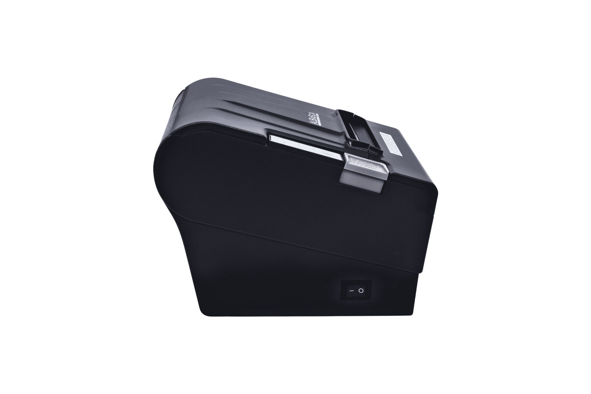 Ein schwarzer C80 Bondrucker in der Seitenansicht von links auf transparentem Hintergrund. Im unteren Bereich des Gehäuses ist der Netzschalter gut zu erkennen.