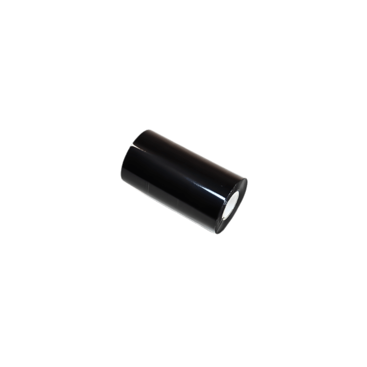 Eine schwarze Rolle Karbonband für Thermotransferdrucker mit weißem Innenkern, in schräger Ansicht auf transparentem Hintergrund freigestellt.